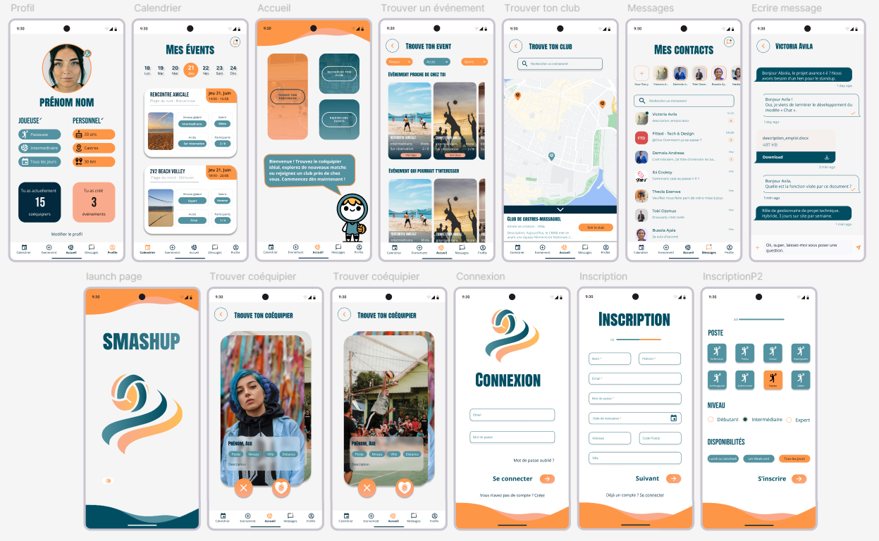 J’ai conçu cette maquette d’application mobile ‘Smashup’, dédiée aux amateurs de volleyball. L’écran d’accueil affiche le logo et propose un accès rapide à la recherche d’événements ou de coéquipiers. J’ai intégré un profil joueur (âge, badges, disponibilité), un calendrier d’événements, une messagerie, ainsi que des pages de connexion et d’inscription où l’on peut préciser son niveau de jeu