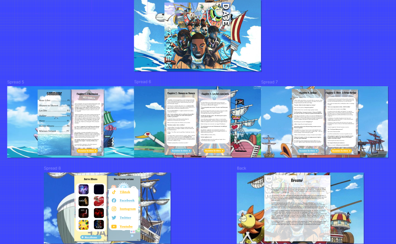 J’ai conçu moi-même cette maquette dans Figma, en m’inspirant de l’univers one piece et du style manga. Le but valoriser l'album Nakama de D.Ace. Les pages intérieures présentent un sommaire illustré (avec des titres comme ‘Roue Libre’, ‘Shonen vs Shonen’, ‘Les Dés’, etc.), puis des chapitres avec textes et boutons “Écouter le livre”. On y trouve aussi une section ‘Autres Albums’ montrant différentes pochettes, ainsi qu’un panneau de réseaux sociaux (TikTok, Facebook, Instagram, Twitter, YouTube). Au dos, un résumé explique le contenu de l’ouvrage. J’ai voulu donner une ambiance dynamique et joyeuse, en rappelant l’énergie d’un univers d’aventure et de piraterie.