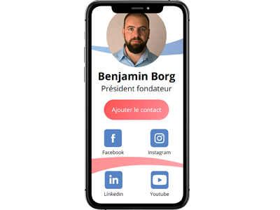 Voici mon premier projet concret. Cette fois-ci, nous avons eu l'honneur d'avoir un vrai commanditaire qui nous avait chargés de réaliser une carte de visite avec des cartes NFC, afin de ne plus avoir à distribuer des cartes qui se perdent. Grâce à cette page mobile, toutes les informations de contact de l'association sont accessibles.