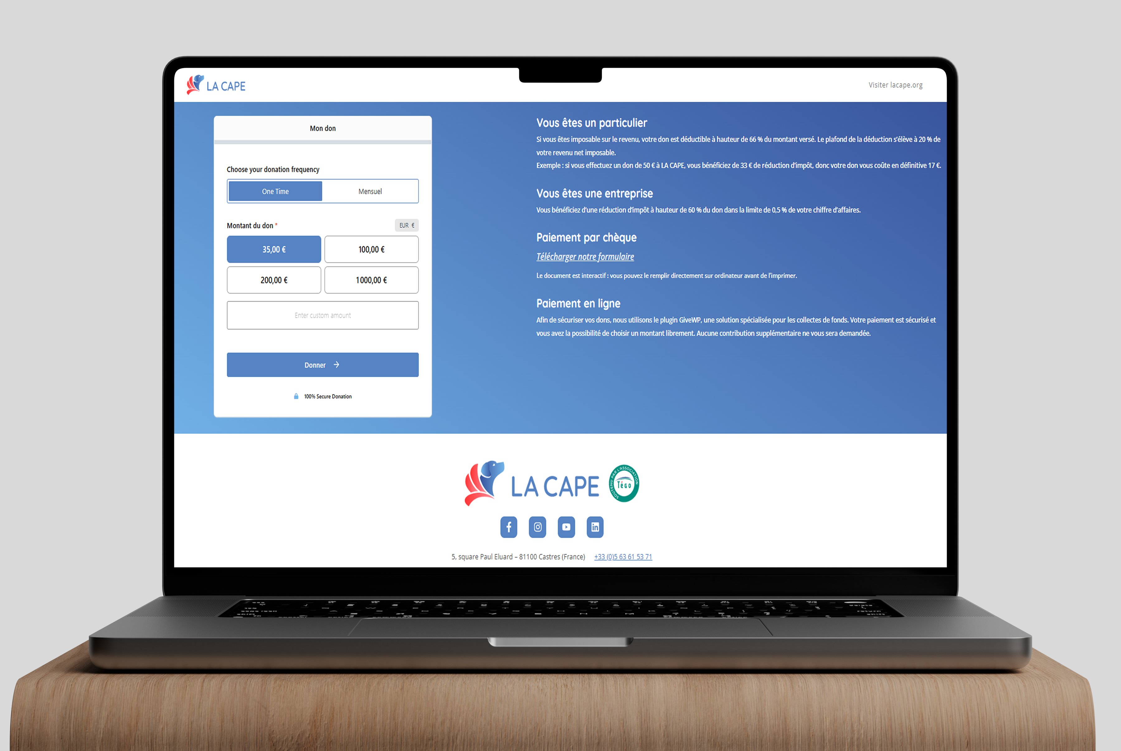 J'ai créé la page de dons sur WordPress avec GiveWP pour faciliter la collecte et la gestion des contributions financières. Cette solution permet d'offrir une expérience utilisateur fluide avec des options de paiement variées, des campagnes personnalisables et des reçus automatiques.