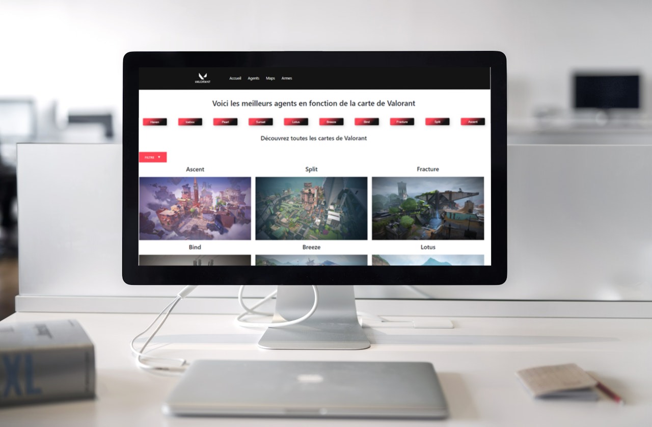 Le site web de représentation de données en JavaScript est le site où j'ai le plus appris en termes de JavaScript, étant donné qu'il était basé sur son utilisation. Nous nous sommes inspirés de Valorant pour le réaliser. On y trouve des informations sur les personnages, les cartes et les armes du jeu